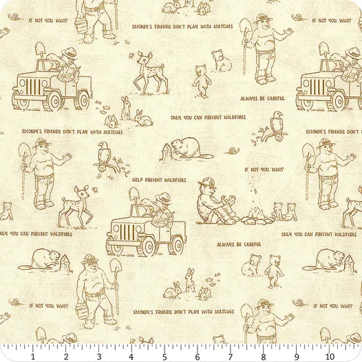 Fabric with illustrated pattern of a man, jeep, and animals on a beige background.