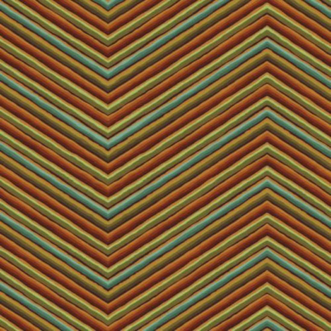 Pattern of chevron stripes in brown, green, and orange on a striped background.