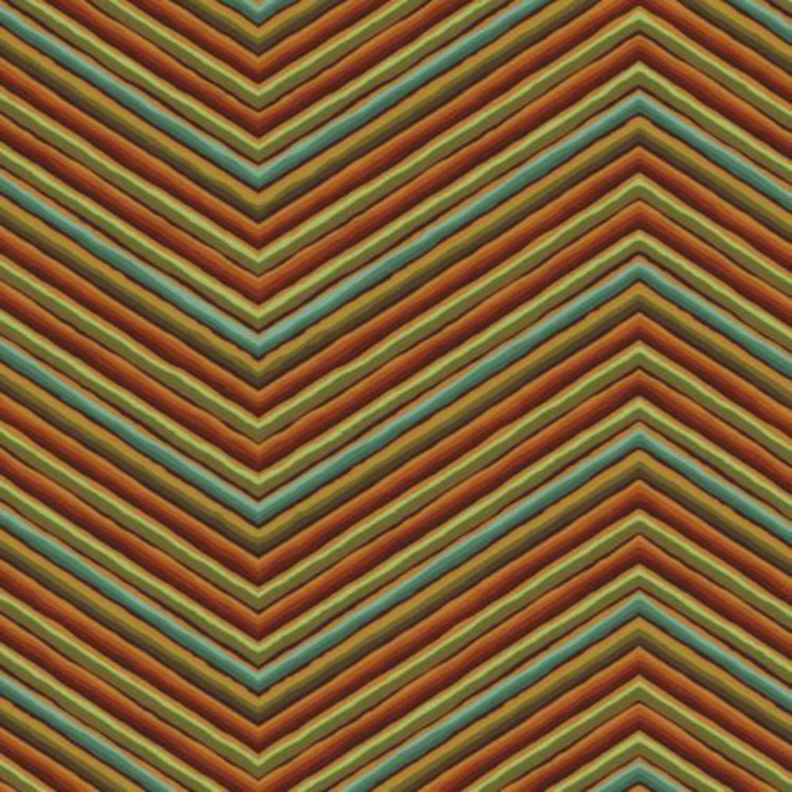 Pattern of chevron stripes in brown, green, and orange on a striped background.