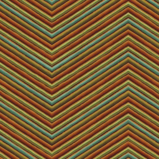 Pattern of chevron stripes in brown, green, and orange on a striped background.