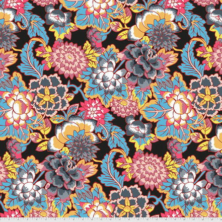Colorful floral pattern on black fabric