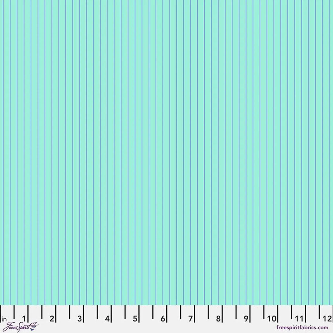 Teal fabric with vertical purple stripes and a ruler at the bottom for scale.