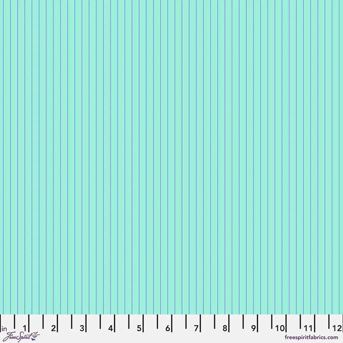 Teal fabric with vertical purple stripes and a ruler at the bottom for scale.
