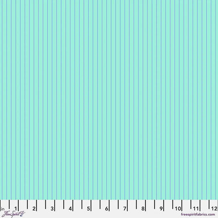 Teal fabric with vertical purple stripes and a ruler at the bottom for scale.