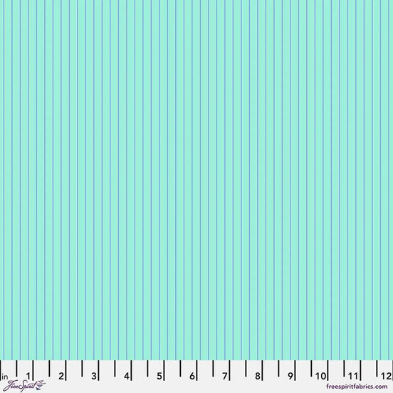 Teal fabric with vertical purple stripes and a ruler at the bottom for scale.