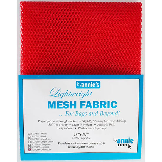 Red mesh fabric with By Annie's label on a white background