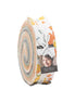 Fabric roll with circular pattern and visible brand label on a white background