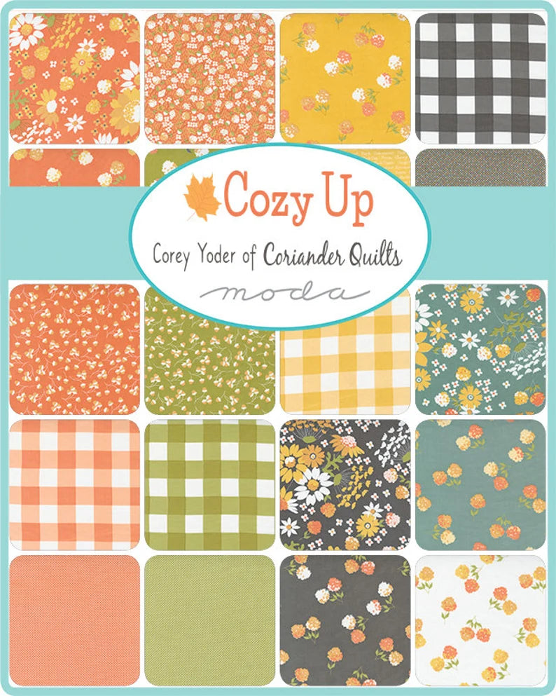 Collection of fabric squares with various patterns and colors, featuring the brand 'Cozy Up' by Corey Yoder of Coriander Quilts.