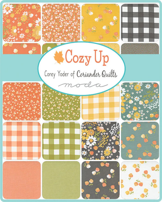 Collection of fabric squares with various patterns and colors, featuring the brand 'Cozy Up' by Corey Yoder of Coriander Quilts.