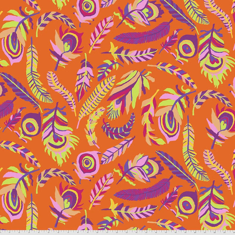 Colorful feather pattern on an orange background