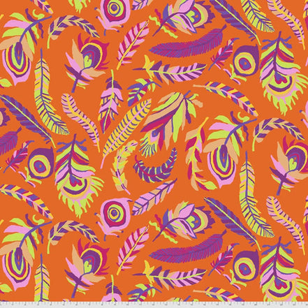 Colorful feather pattern on an orange background