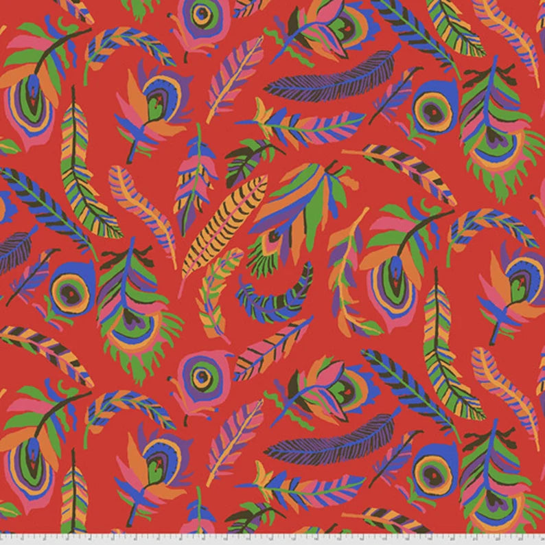 Colorful feather pattern on a red background