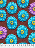 Pattern of blue and purple flowers with yellow centers on a brown background, featuring a ruler at the bottom.