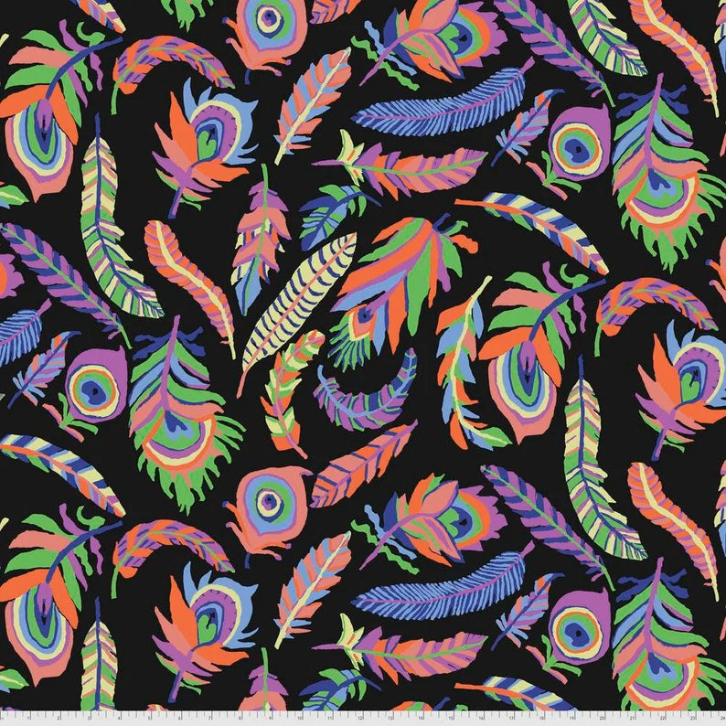 Colorful feather pattern on a black background