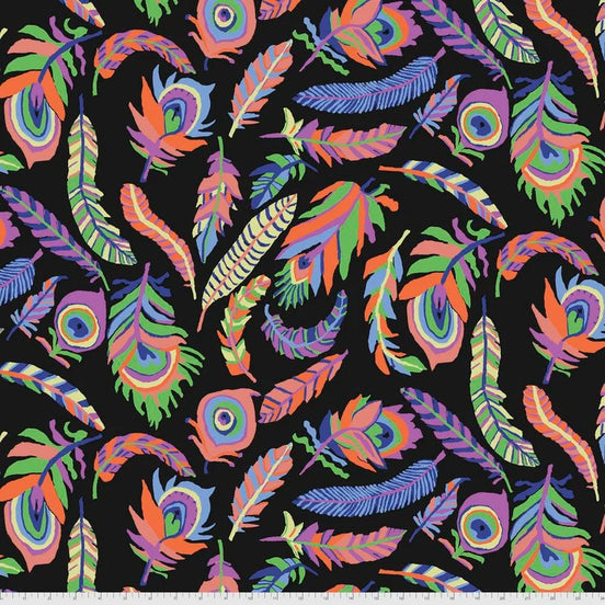 Colorful feather pattern on a black background