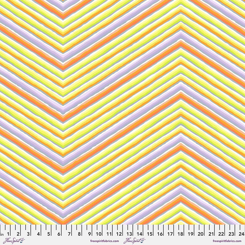 Colorful chevron pattern fabric with a brand label at the bottom.