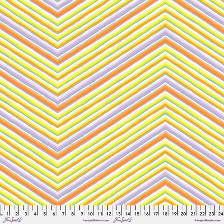 Colorful chevron pattern fabric with a brand label at the bottom.