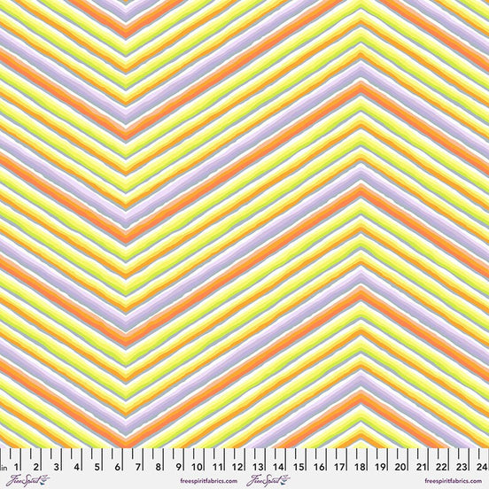 Colorful chevron pattern fabric with a brand label at the bottom.