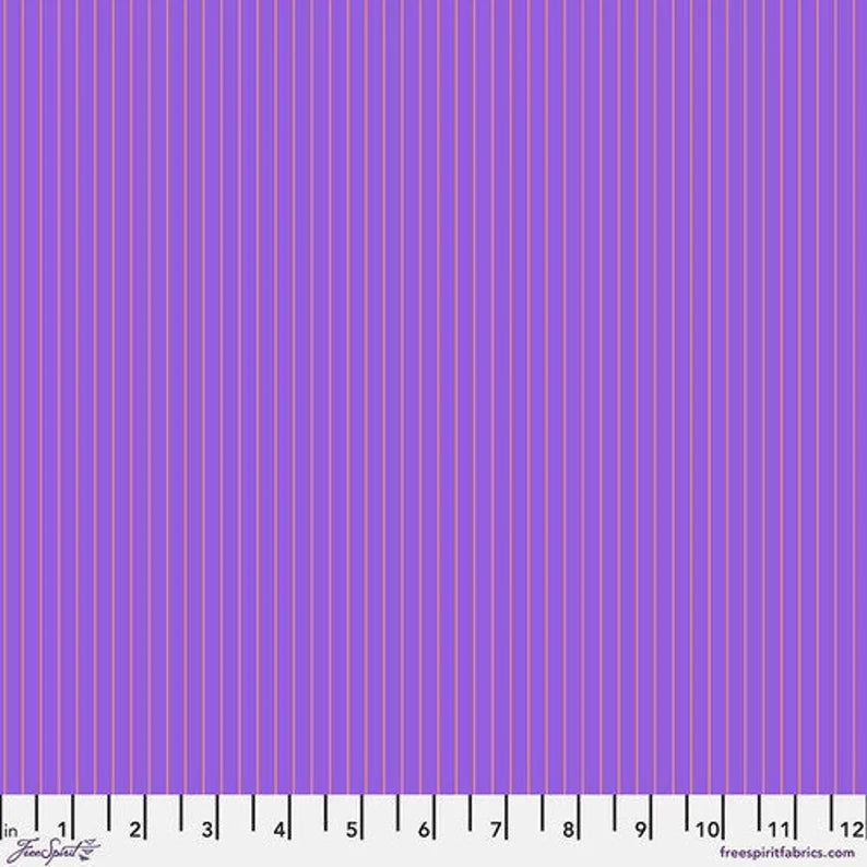 Purple fabric with thin vertical light pink stripes 