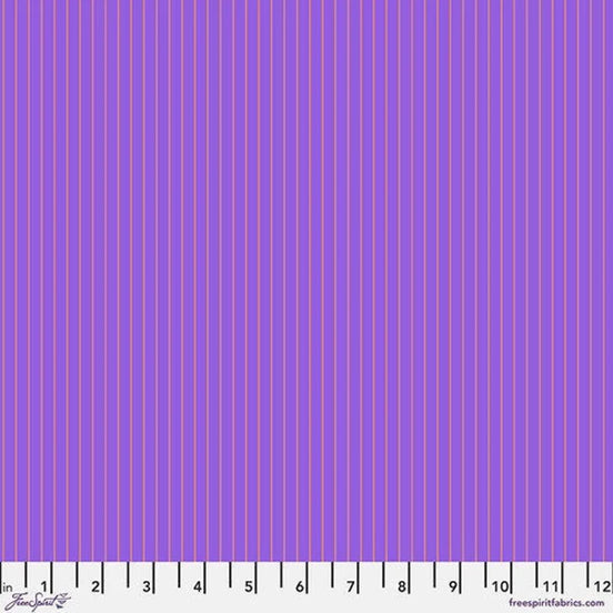 Purple fabric with thin vertical light pink stripes 
