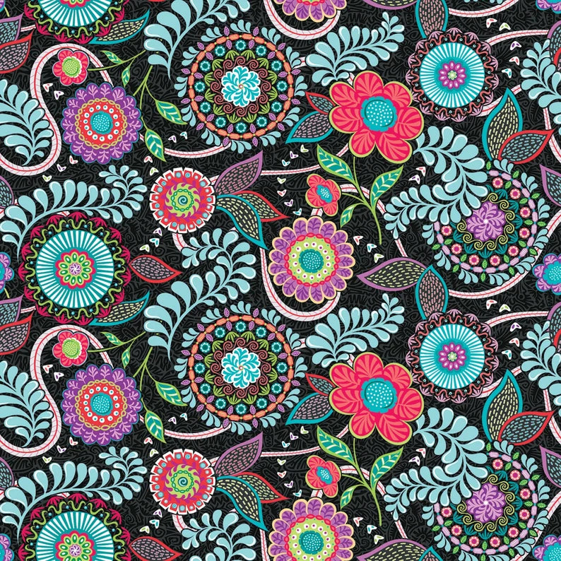 Colorful floral and paisley pattern on a black background