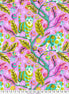 Colorful fabric pattern with cats, leaves, and branches on a pink background
