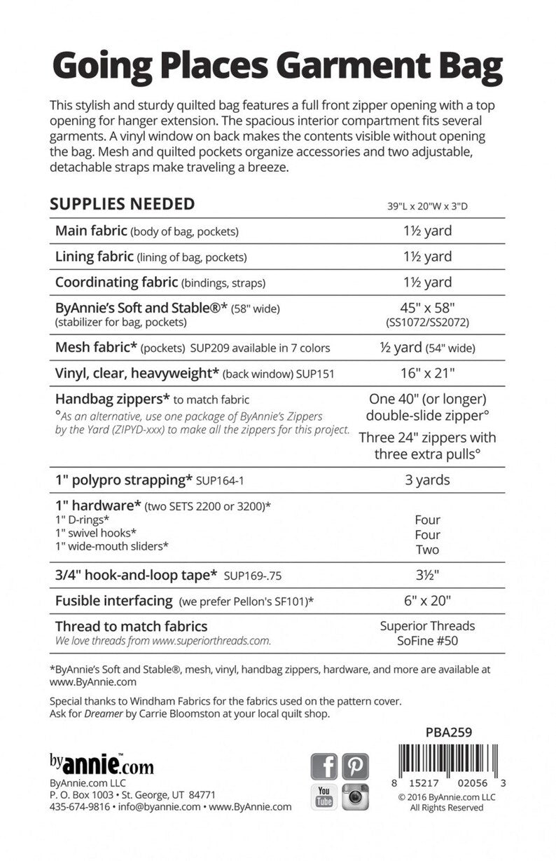 By Annie Going Places Garment Bag pattern