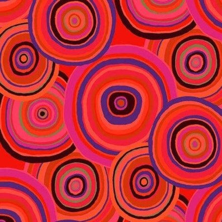 Pattern of concentric circles in red, pink, and purple on a red background