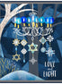 Decorative illustration of a chandelier with snowflakes and stars against a dark blue background.