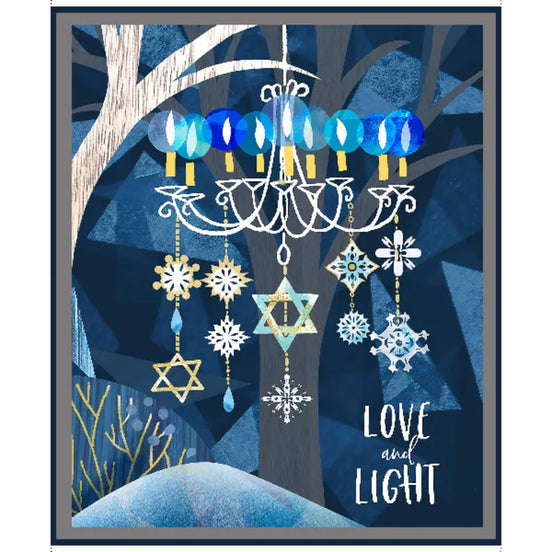 Decorative illustration of a chandelier with snowflakes and stars against a dark blue background.