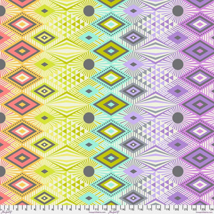 Geometric pattern fabric with colorful diamond shapes on a white background