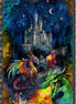 Fantasy scene with dragons and a castle under a starry sky