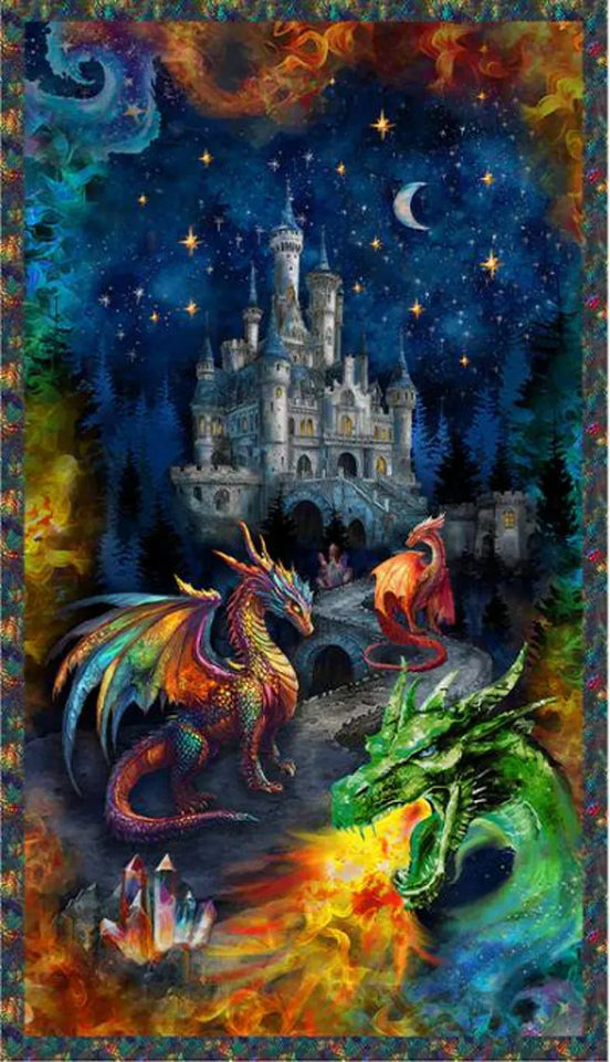 Fantasy scene with dragons and a castle under a starry sky
