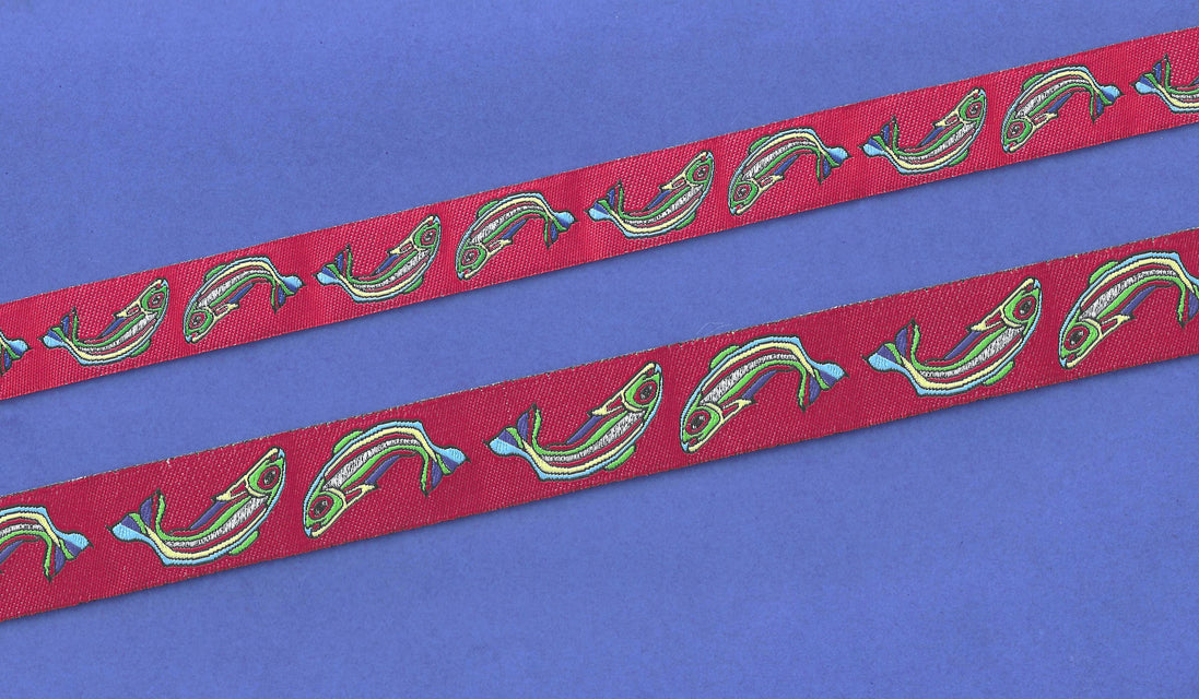 Alaskan Jacquard Ribbon 7/8in Red Rainbow Fish