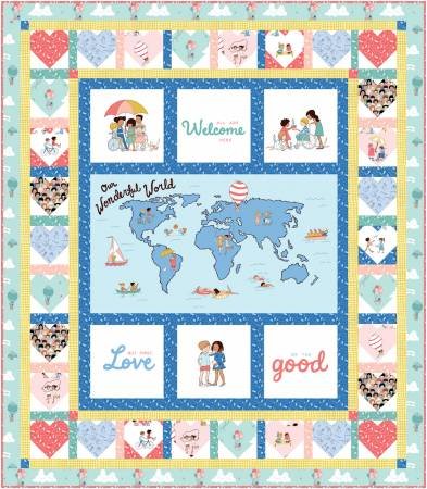 Children's quilt with world map and heart designs