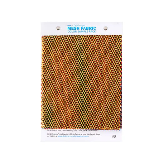 Mesh fabric color sample pack with orange and black pattern on a white background