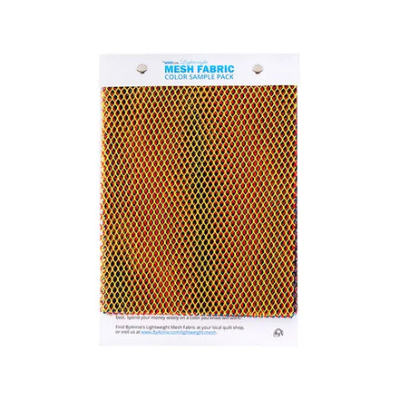 Mesh fabric color sample pack with orange and black pattern on a white background