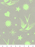 Fabric with green birds, stars, and hearts on a gray background