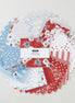 Collection of red, white, and blue fabric squares with a 'Old Glory' label on a light gray background.