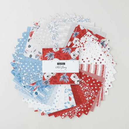 Collection of red, white, and blue fabric squares with a 'Old Glory' label on a light gray background.