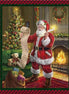Santa Claus holding a list in a festive room with a Christmas tree and fireplace.