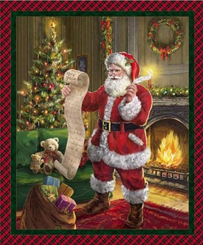 Santa Claus holding a list in a festive room with a Christmas tree and fireplace.