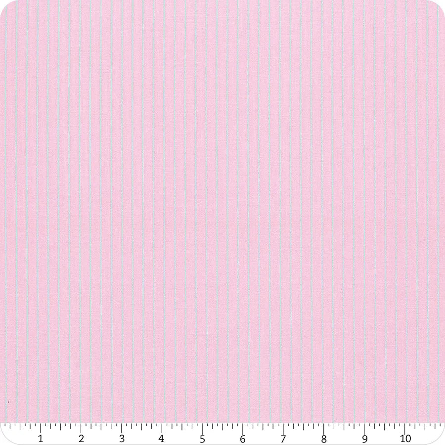 Pink fabric with small white stripes on a pink background