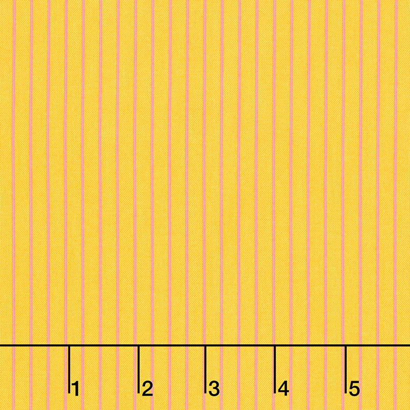 Yellow fabric with pink vertical stripes and a ruler at the bottom.