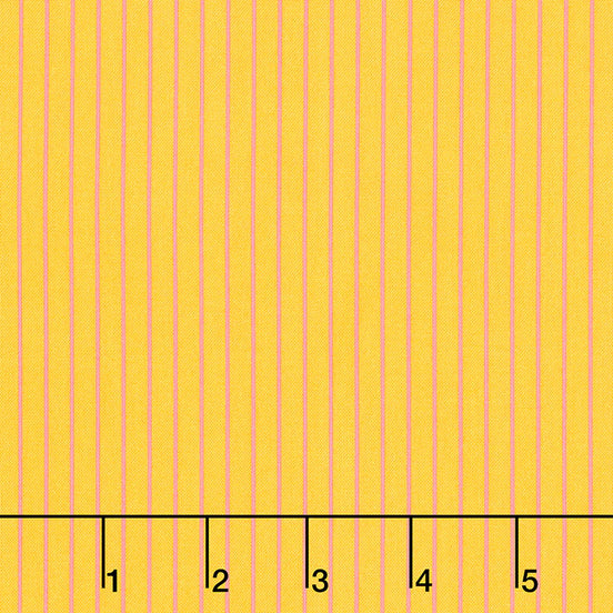 Yellow fabric with pink vertical stripes and a ruler at the bottom.