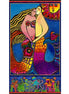 Colorful artwork of a mermaid with a fish and sun on a blue background