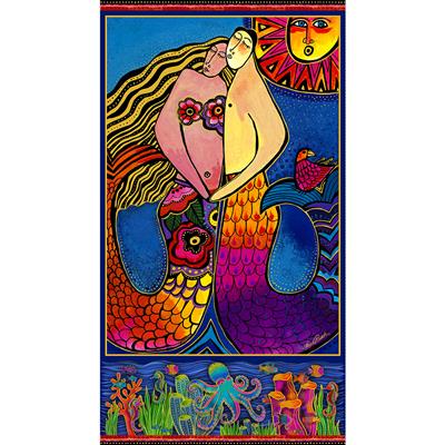 Colorful artwork of a mermaid with a fish and sun on a blue background